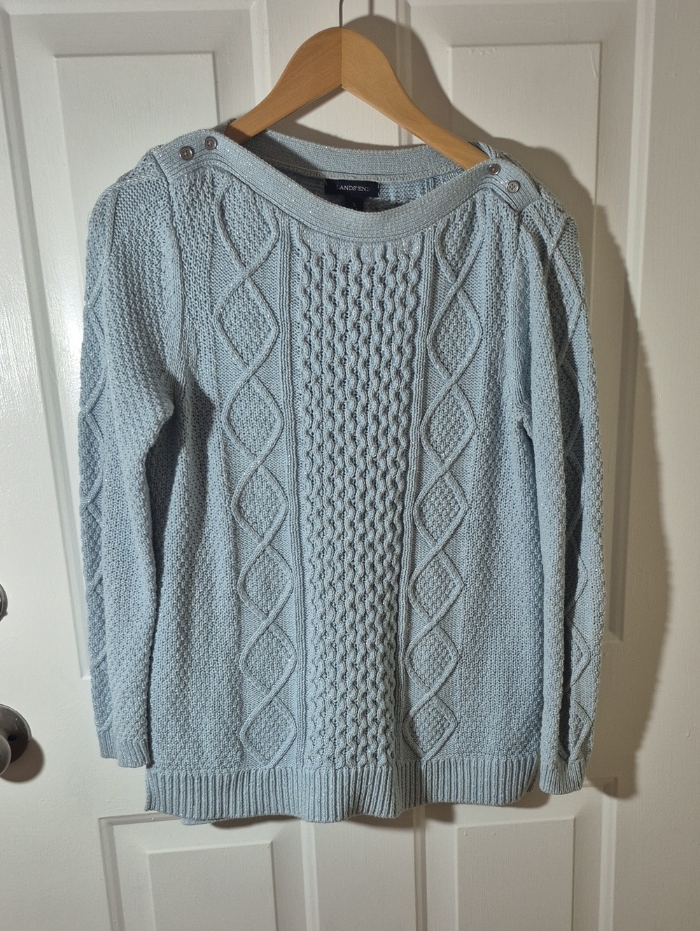 Lands' End Light Blue Knit Sweater with Shoulder Buttons Shimmers Size S